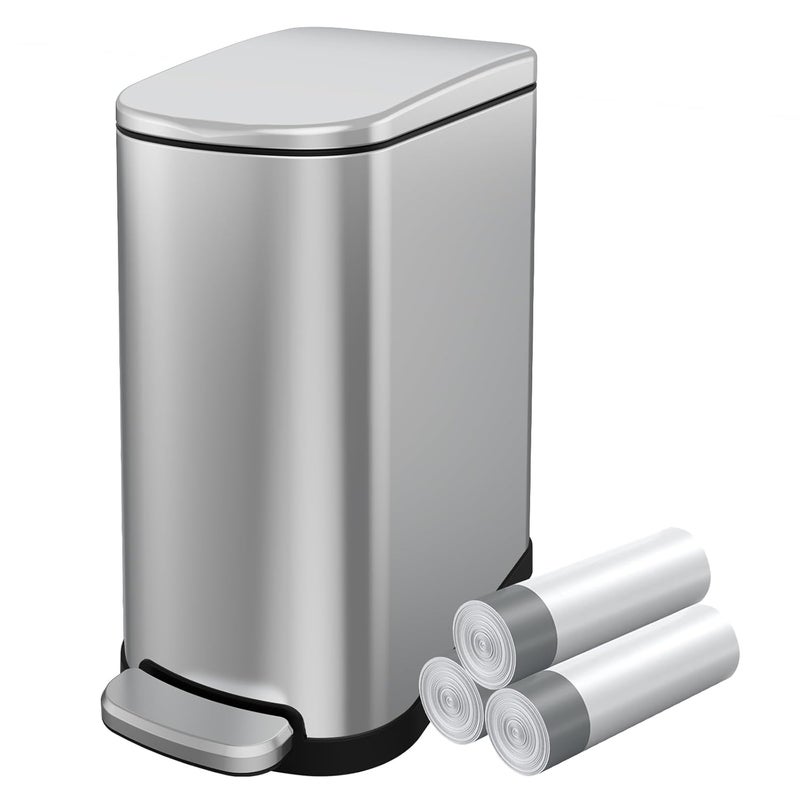 KUK Slim Bathroom Trash Can with Lid, 2.6 Gallon (10 L) Stainless Steel Step Small Garbage Can with Removable Inner Bucket, Soft Close, Anti-Fingerprint Finish (Silver) - Image 1